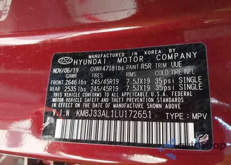 2020 Hyundai Tucson Sport из США, поврежденный, VIN KM8J33AL1LU172651